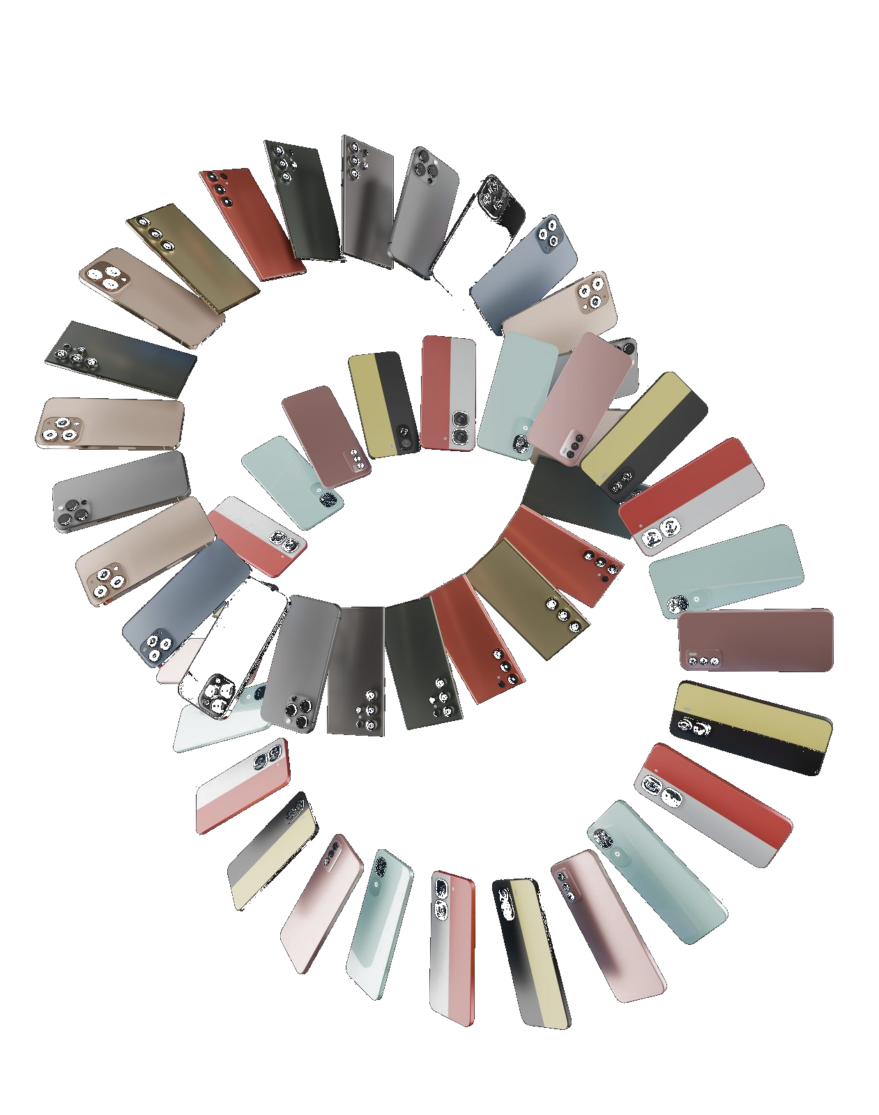 A spiral of mass-market smartphones, all variations on the same generic slab — what POVA was designed against.
