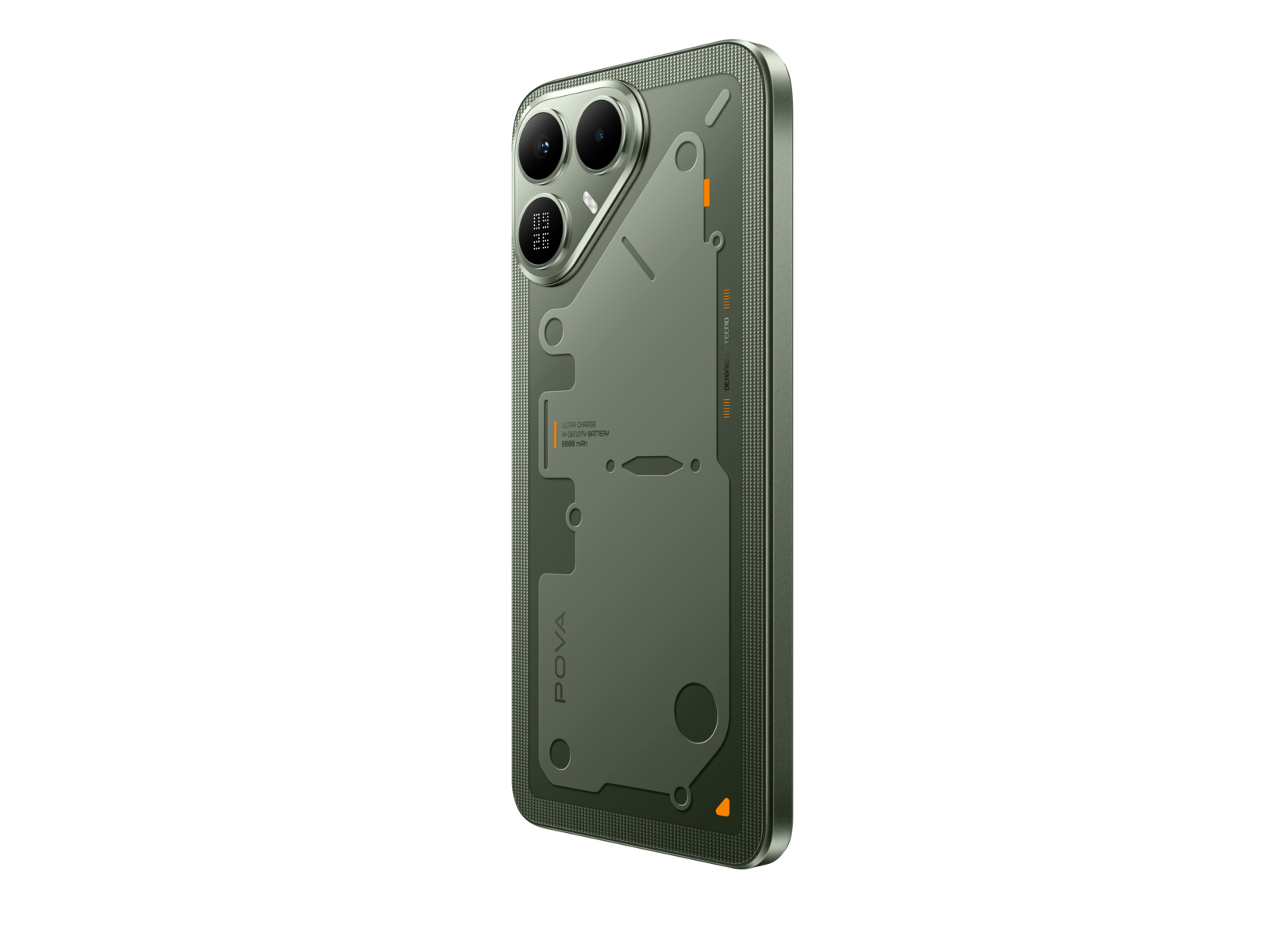 POVA 8 — Terminal Green. Translucent back, schematic overlay.